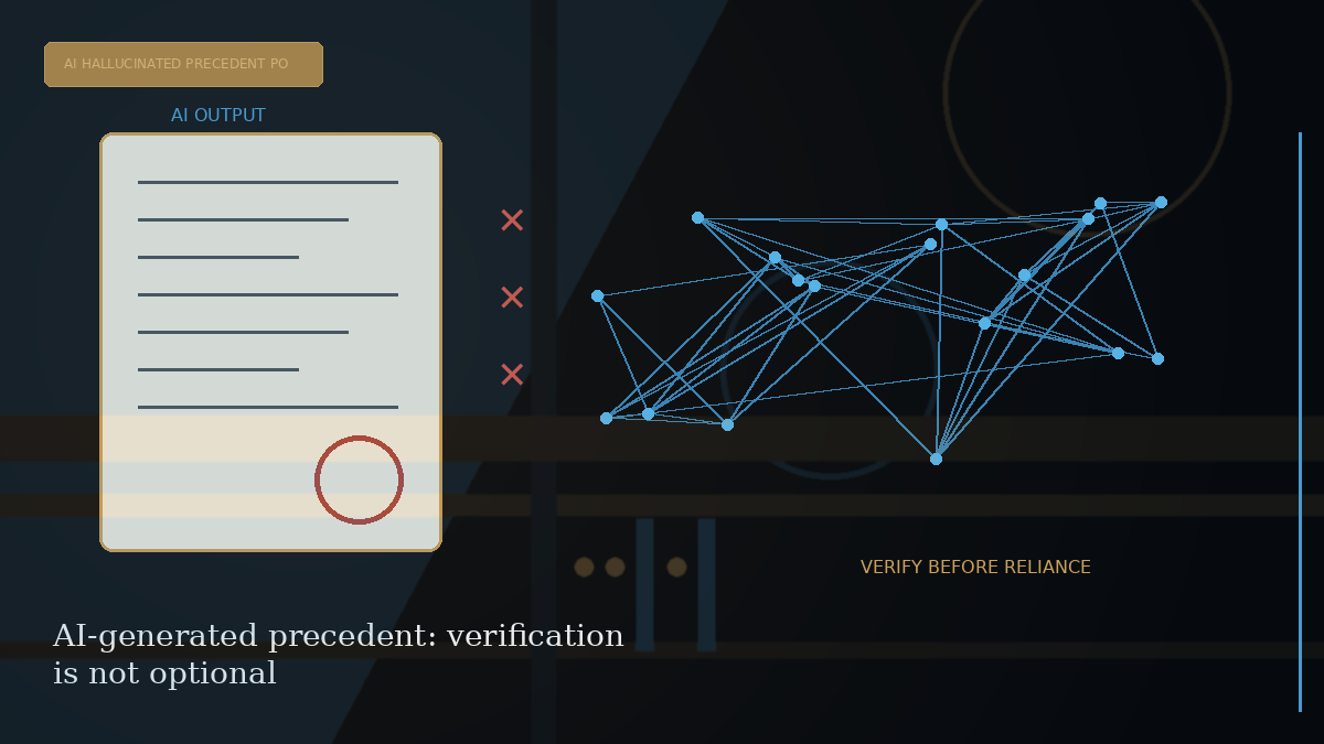 Editorial visual explaining AI-generated precedent: verification is not optional