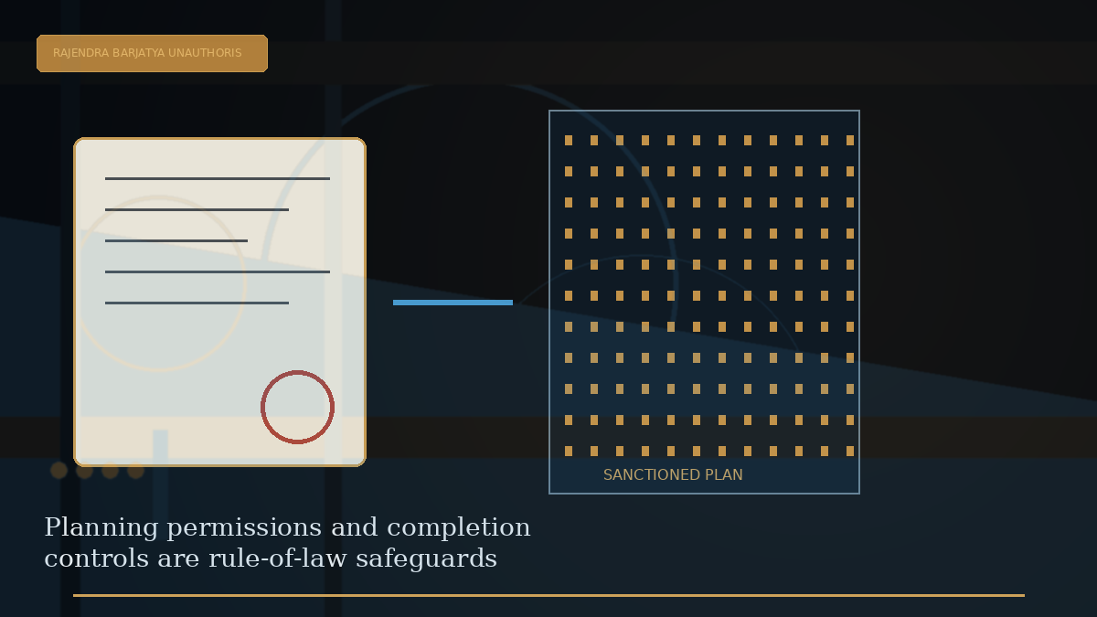 Editorial visual explaining Planning permissions and completion controls are rule-of-law safeguards
