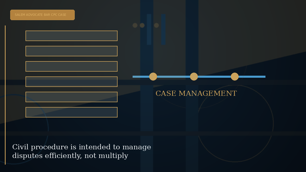 Editorial visual explaining Civil procedure is intended to manage disputes efficiently, not multiply delay